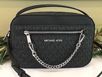 MICHAEL KORS JET SET LARGE ZIP CHAIN CROSSBODY BAG MK SHLDR BLACK LEATHER  SILVER