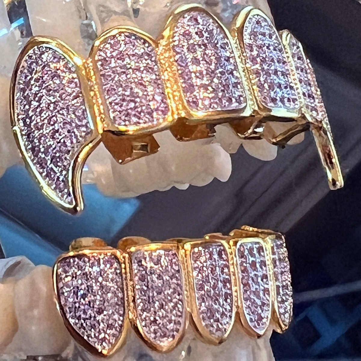 14k Gold Plated Two-Tone Grillz Pink CZ Iced Flooded Out