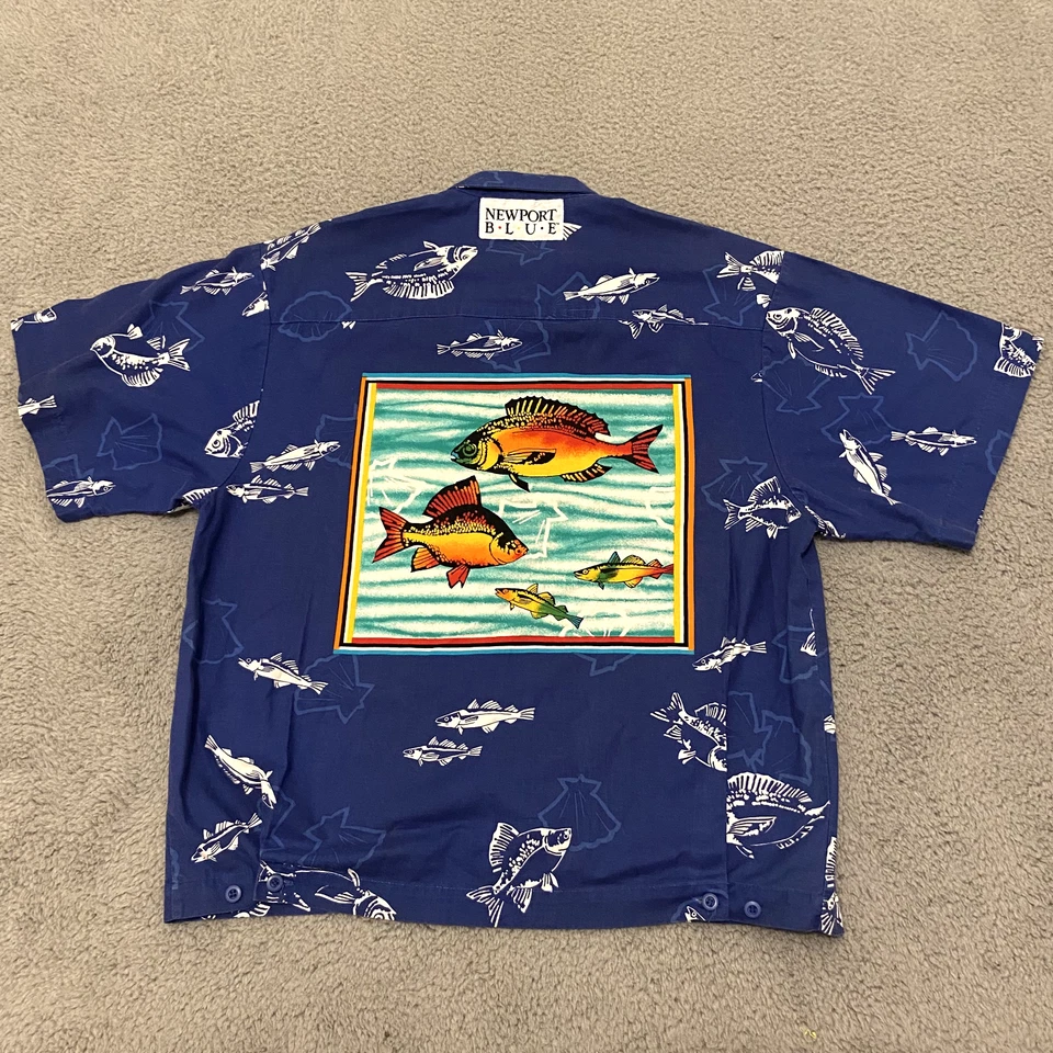 DE COLECCIÓN Newport Pez Azul Gráfico Abotonado Adulto Medio Azul Naranja Pesca Hombres Foto 3 de 4