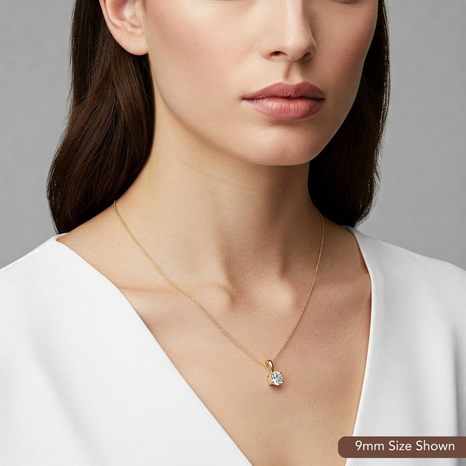 14K Solid Yellow Gold Solitaire Round Brilliant Pendant Charm Necklace 4mm-9mm - Image 4 of 4