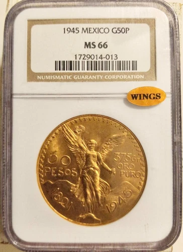 1945 Mexico Gold 50 Pesos MS-66 NGC. Rare "Wings" collection.