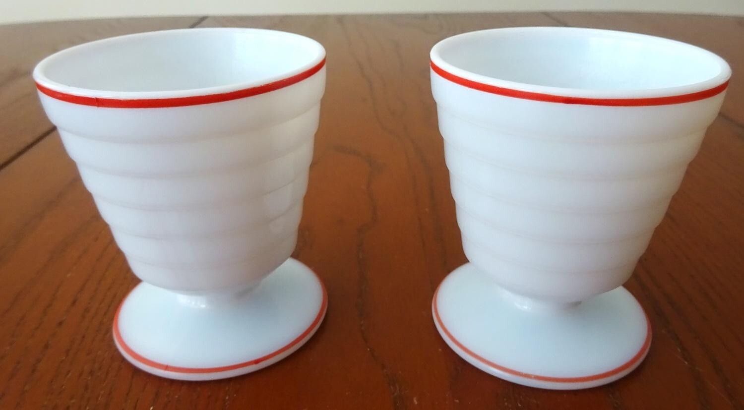 Modertone Platonite Red Stripe Footed Custard Cups Set of 2 Hazel Atlas MS120-G