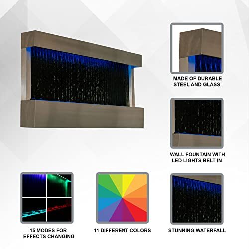 47" Steel/Glass Indoor Wall-Mounted Mirror Waterfall Fountain with Pump, LED - Picture 4 of 7