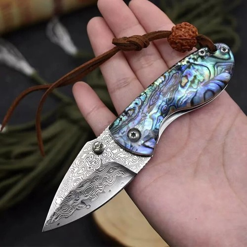 Mini Spear Point Folding Hunting Knife Survival Camping Damascus Steel Shell Cut - Picture 11 of 24