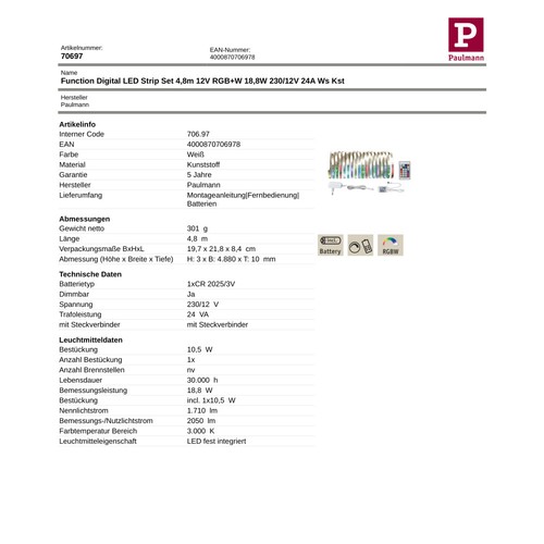Paulmann 706.97 Digital LED Stripe RGB+W, 4,8m, LED Lichtband, Lichtstreifen - Picture 7 of 9