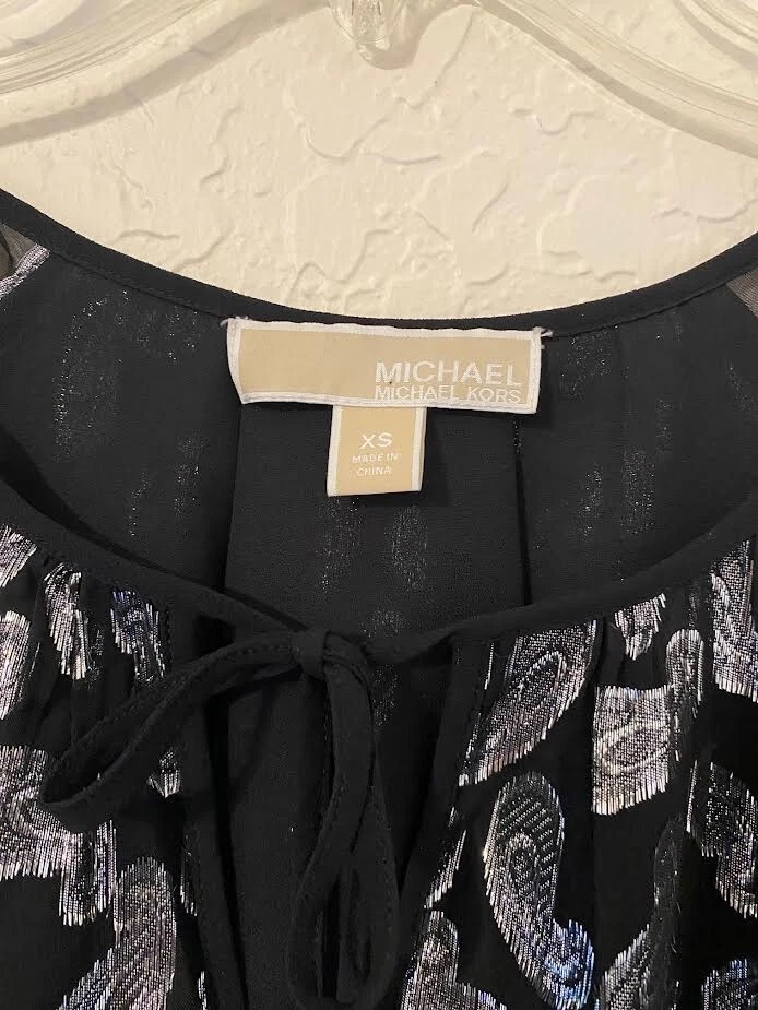 Y2k ABITO DA FESTA COCKTAIL MICHAEL KORS NERO ARGENTO METALLIZZATO DESIGN PAISLEY XS