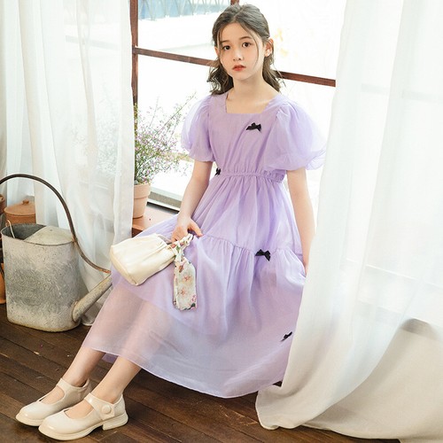 Kids Girl Long Dress Chiffon Bow Puff Sleeve Swing Elastic Waist Princess Summer - Picture 1 of 14