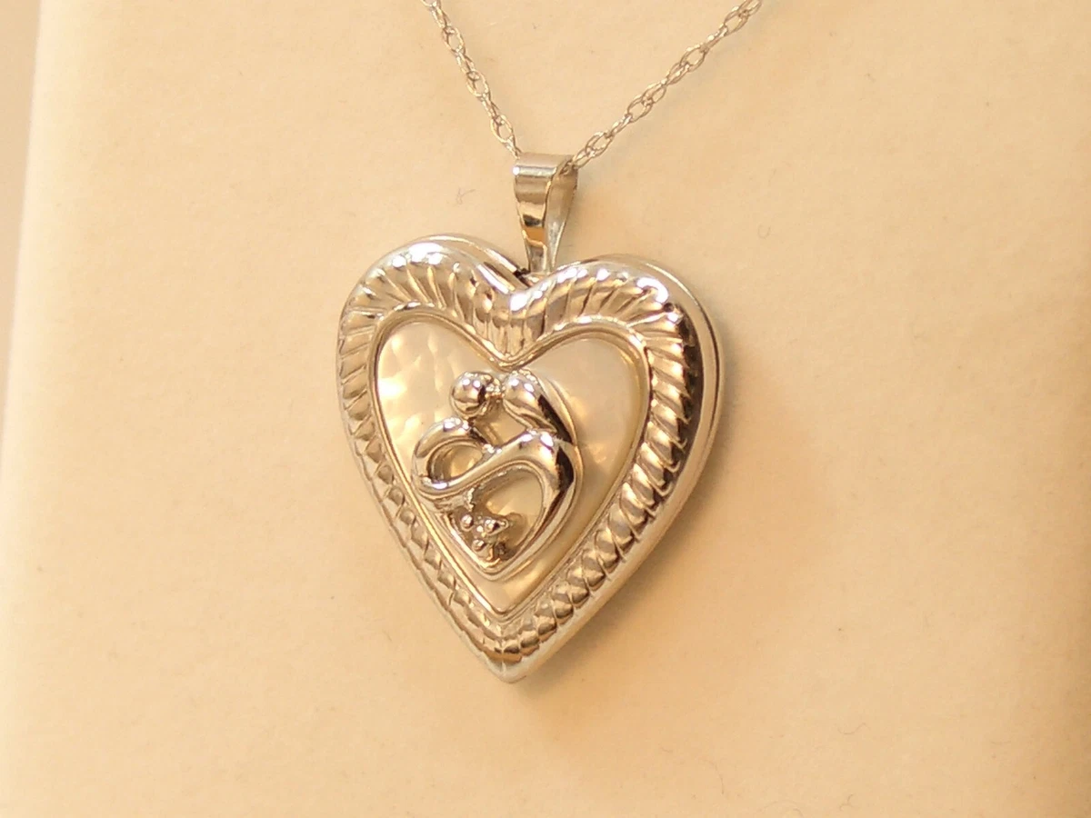 New 10K White Gold Mother Pearl Pendant Locket Necklace Diamond