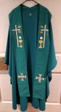 PRIEST CLERGY VESTMENT CHASUBLE & STOLE CUSTOM MADE TEAL EUCHARIST SYMBOLISM