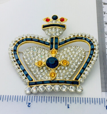 Vintage Gold 200 pave Crystal Crown Pin brooch blue red topaz color