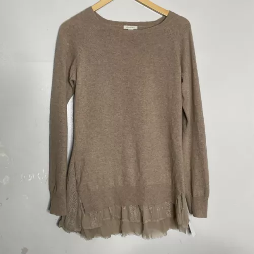 Garnet Hill Shirttail Cashmere Sweater Size M Oatmeal 100% Cashmere w/Lace Hem