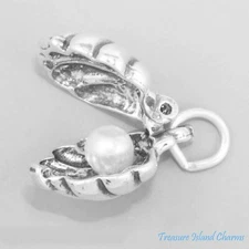 Oyster Clam Shell Movable 3D 925 Sterling Silver Charm with Faux Pearl Opens