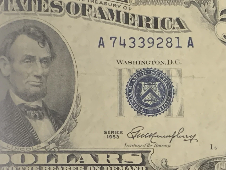 1953 blue seal $5.00 note - Image 3 of 4