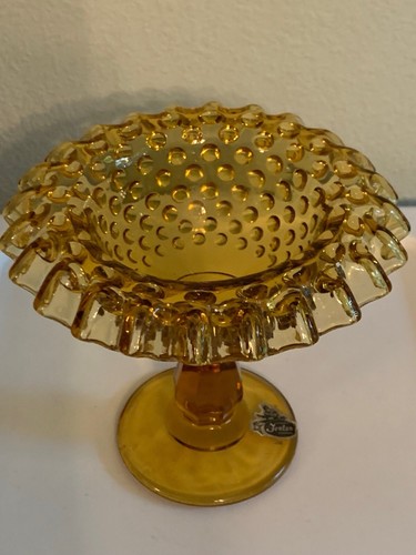 Vintage FENTON Retro 50s Rolled AMBER Hobnail CRIMPED 5" PEDESTAL COMPOTE Label - Picture 6 of 9