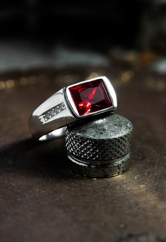 Natural Red garnet Mens Garnet Ring 925 Silver Engagement Promise Rings jewelry - Picture 2 of 4