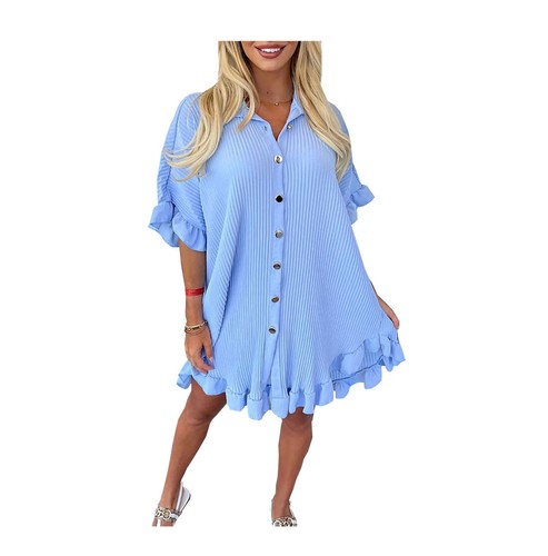 Womens Ladies Gold Button Pleated Frill Summer Shirt Swing Smock Mini Dress Top - Picture 9 of 20