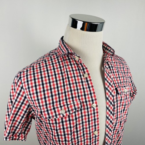 H&M Small Cotton Poplin Shirt Red White Blue Plaid Short Sleeve Button Front