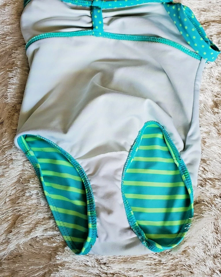 Traje de baño de verano a rayas turquesa verde neón Xhilaration para niña talla XS 4-5 Foto 3 de 4