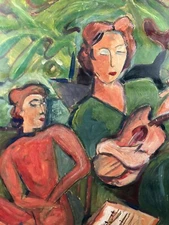 Oil On Panel Woman With Guitar Musician Music Signed Dated 2002