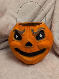 Great Antique Vintage 8" Grinning Solid Face Paper Mache Halloween Pumpkin JOL