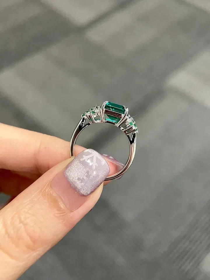 3Ct Emerald Cut Natural Emerald Diamond Wedding Ring 14K Solid White Gold Size6 - Image 4 of 4