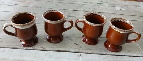 4 Vintage Hull Pottery Brown Drip Glaze Irish Coffee Pedestal Mugs