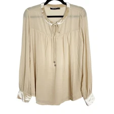 New Doe & Rae Large L Cream Pink Velvet Trim Pleated Long Sleeve Blouse Top