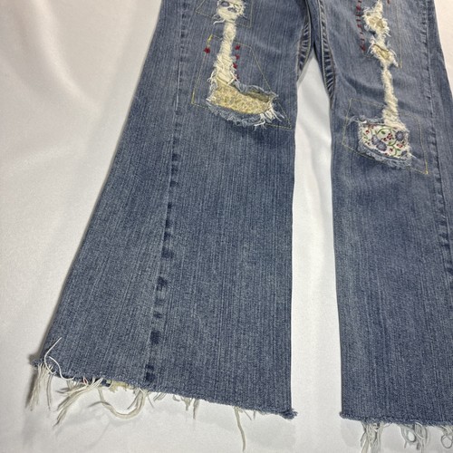 Cruel Girl LOW Rise Flare Jeans Twisted Seam Embroidered Patch Women’s 13 Raw - Picture 2 of 10