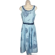1950s Blue Floral Gingham Print Dress