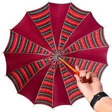 Vintage Wood Shaft Umbrella 34  with Lucite Orange handle Red / Maroon - READ