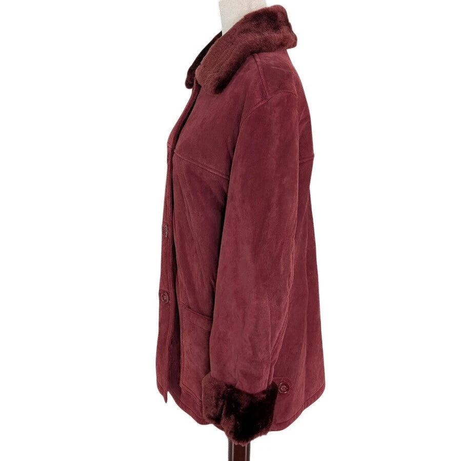 Dennis Basso Burgundy Suede Barn Coat Faux Fur Women's XS Vintage 90s Y2K Boho - Image 3 of 4