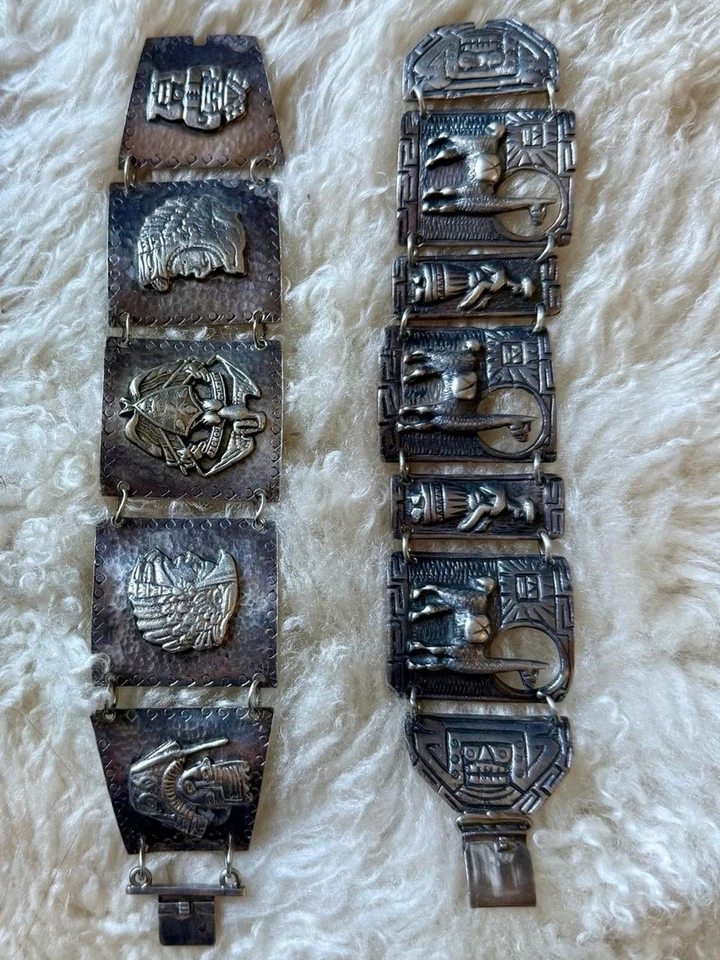Zwei Vintage Peruanische Panel Armbänder 0,900 Silber Handarbeit Sammlerstück. EUC - Bild 1 von 4