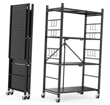  Storage Shelves with 20 Hooks Foldable Shelves for Storage, 4-Tier Black