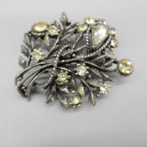 Vintage Coro Rhinestone Floral Brooch Pin Gunmetal Tone Signed Costume Jewelry