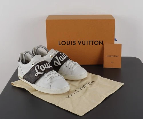 LOUIS VUITTON FrontRow US7.5 IT37.5 White Leather Brown Monogram Canvas Sneakers