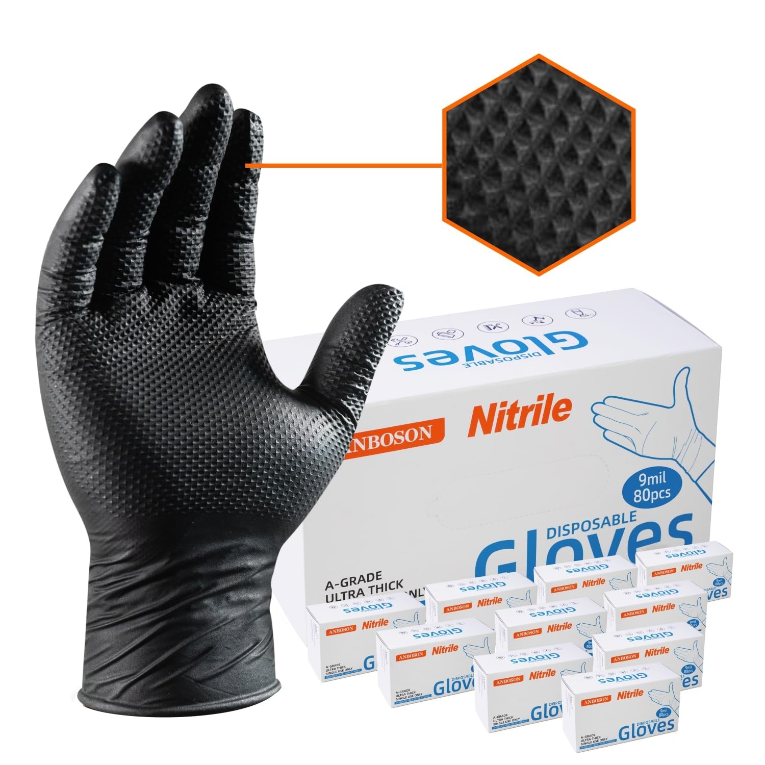 Heavy Duty 9mil Nitrile Gloves Thick Industrial Black with Diamond Texture
