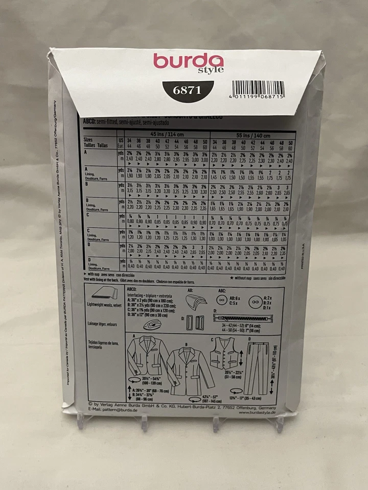 Burda 6871 Hombres Clásico 3 Piezas Suite Chaqueta Chaleco Pantalones Costura Patrón 44-60 Foto 3 de 3