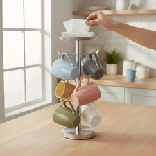 Coffee Mug Tree, Cup Holder for 6 Cups, with Tray for Phone, Tissues or Capsu...