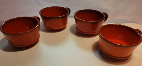 Set of 4 Vintage MCM Metlox Poppytrail Red Rooster Red Mugs 1 has blemish coffee