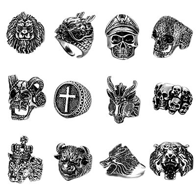 12 Pcs Vintage Punk Rings Gothic Biker Skeleton Skull Rings for Men Women