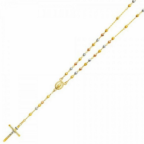 Real Solid 14K Yellow & Tri Color Gold 4mm Beads Rosary Necklace 26" Rosario Oro - Picture 4 of 7