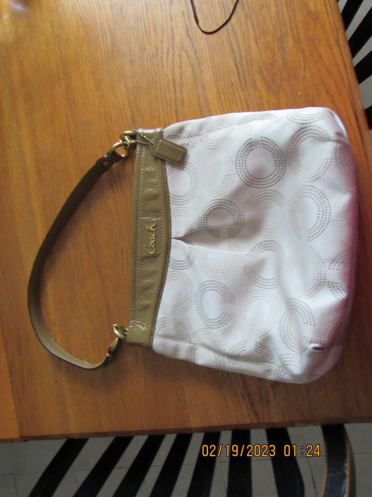 COACH CLOTH SHOULDER BAG TAN LEATHER AND BEIGE CLOTH Gem