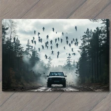 Art Print Surreal Forest Fog Hovering People Shadowy Car Scene Atmospheric