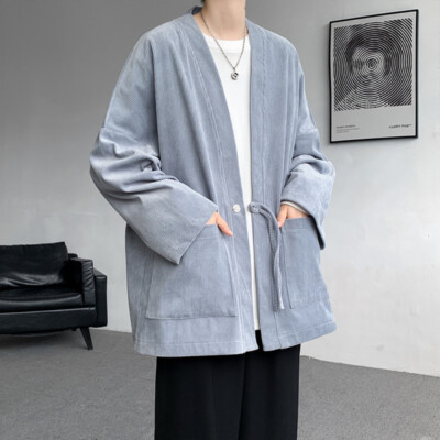 Herren Kord Kimono Mantel Jacke Strickjacke Japanisch Retro Outwear Locker Top