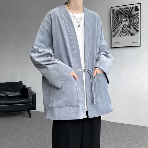 Men Corduroy Kimono Jacket Cardigan Japanese Coat Retro Outwear Loose Casual - Picture 5 of 20