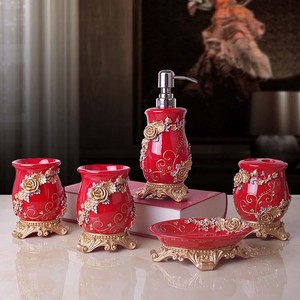 5pcs Resin Bathroom Accessory Set Red Soap Dish Dispenser Bathroom Accessory Set Red Soap Dish