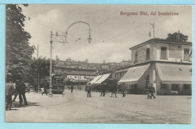 postcard Bergamo Alta - Panorama from the Path with tram - early '900