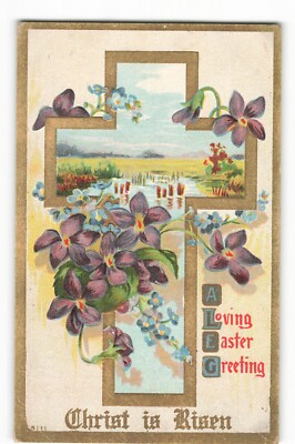 Postcard Christ is Risen A Loving Easter Greeting Cross Flowers VTG ME4.