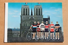 Postcard TOUR(S) DE PARIS by Jan Balet, naïve primitive folk art, bicycle (4x6”)