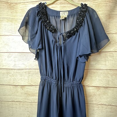 M.S.S.P Max Studio Sheer Navy Blue Sequin Smocked Waist Flutter Sleeve Dress L